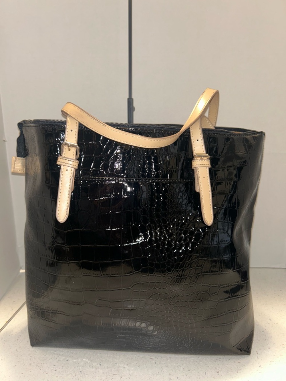 Black Croc-Embossed Tote with Leather Handles